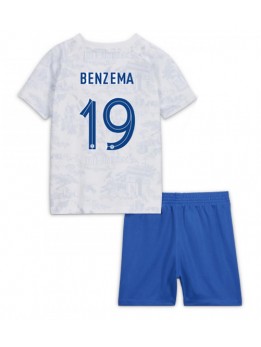 Frankreich Karim Benzema #19 Auswärts Trikotsatz für Kinder WM 2022 Kurzarm (+ Kurze Hosen)